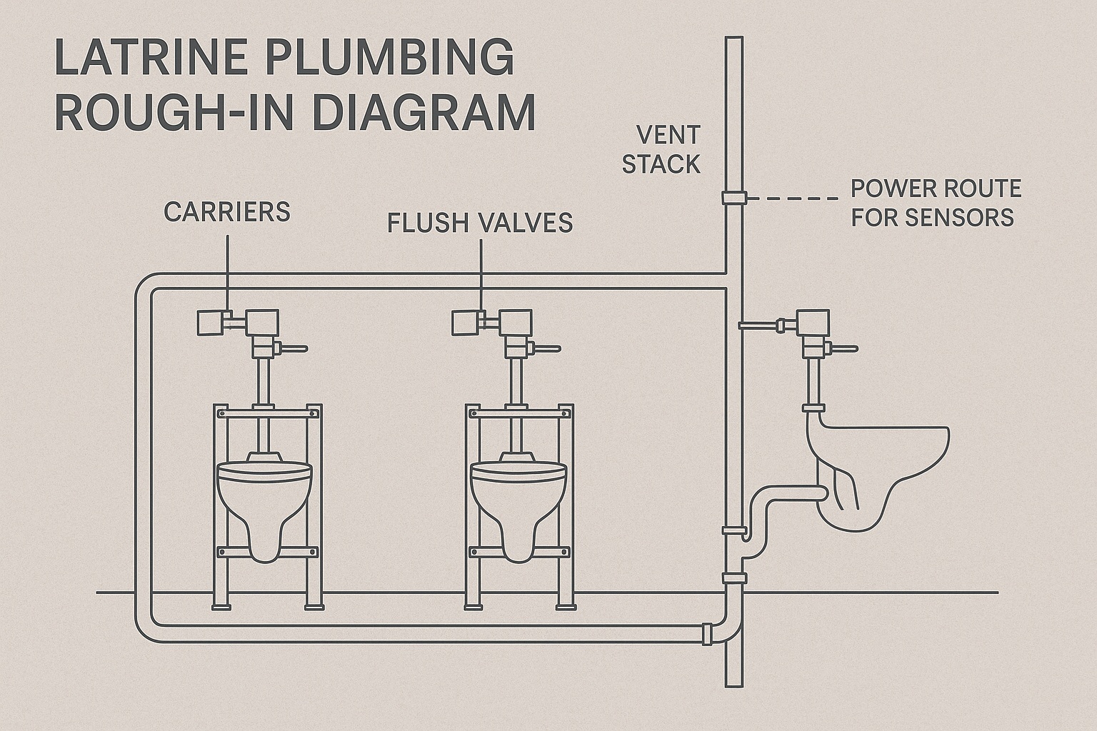 Latrine plumbing rough-in diagram with carriers, flush valves, vent stack, and power route for sensors